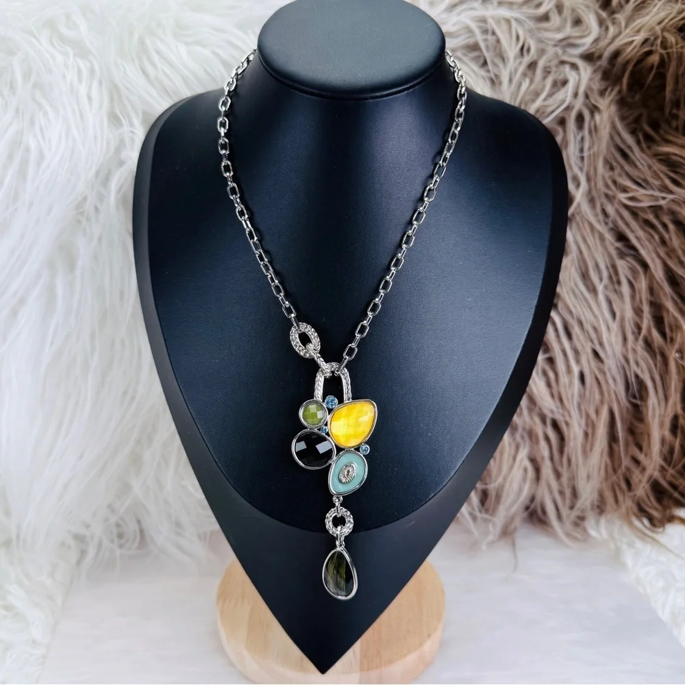 Elegant Silvertone Multi-Color Pendant Necklace